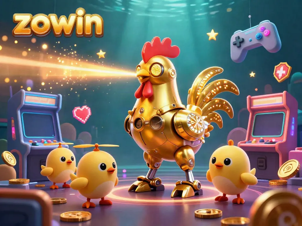 Zowin's vibrant 3D casino illustration with a golden rooster robot and interactive gaming elements.