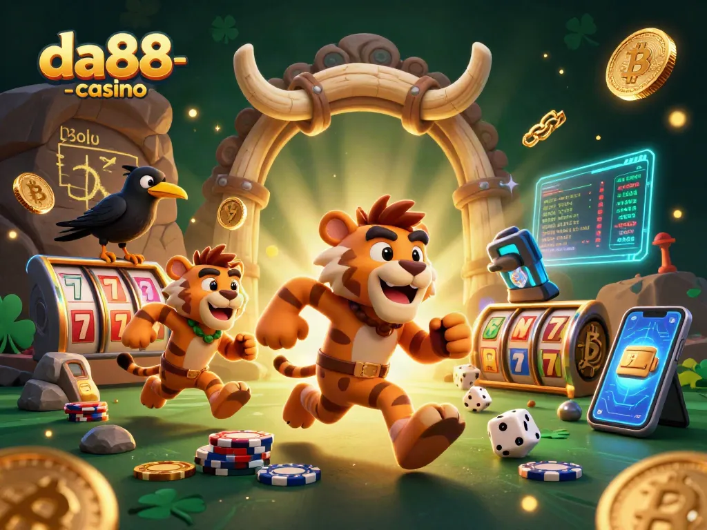 Engage with thrill in da88-casino as cartoon characters celebrate a vibrant prehistoric casino atmosphere.