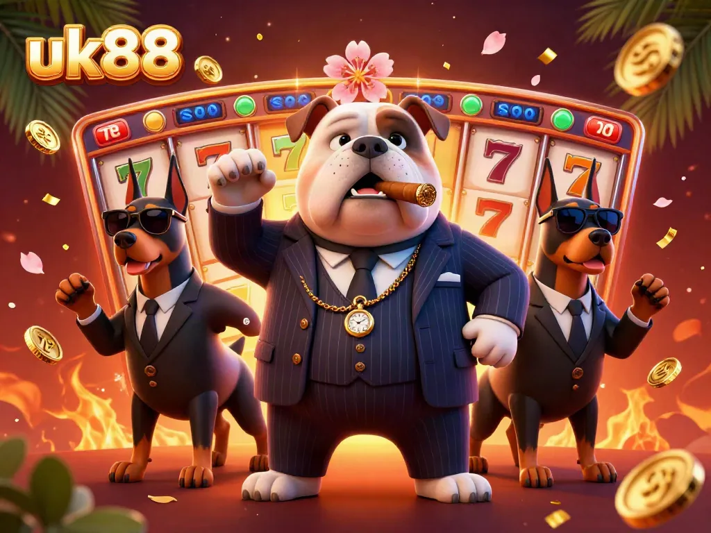Engage in thrilling gameplay with uk88 in this vibrant 3D casino illustration showcasing a mafia bulldog and Doberman bodyguards.