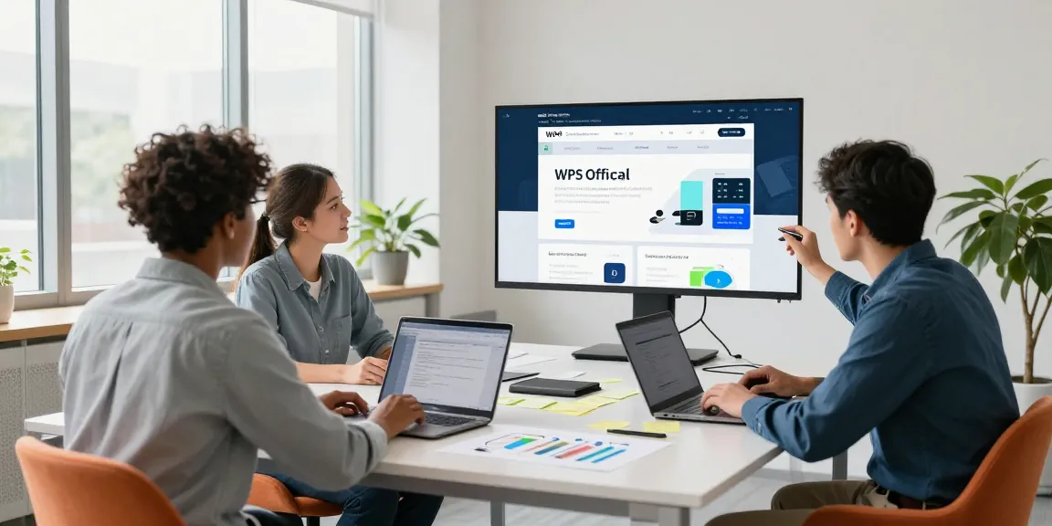 Team collaborating in a bright office on the WPS Official Website presentation, showcasing teamwork and technology.