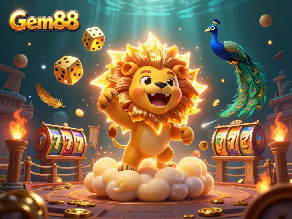 Experience thrilling adventures at Gem88 with vibrant slots and casino elements swirling around.